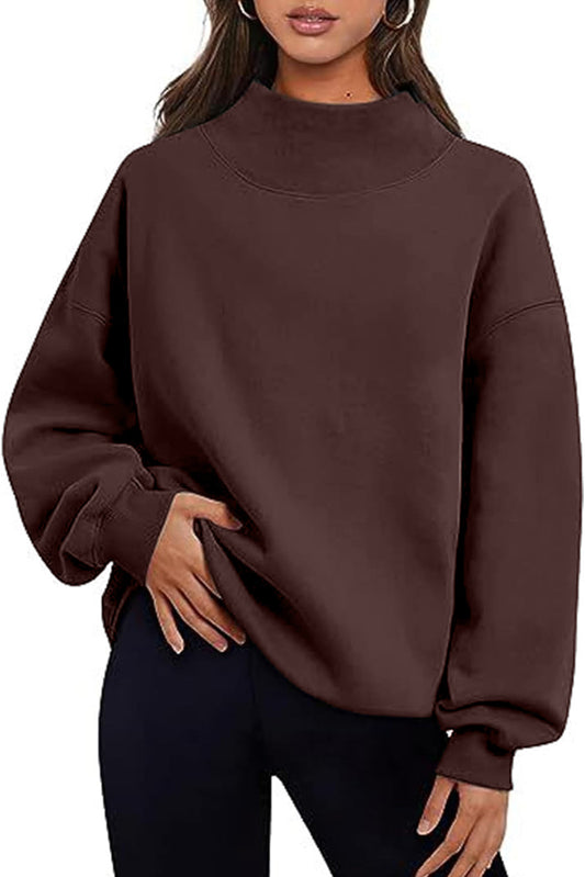 Chicory Coffee Solid Color High Neck Long Sleeve Loose Sweatshirt