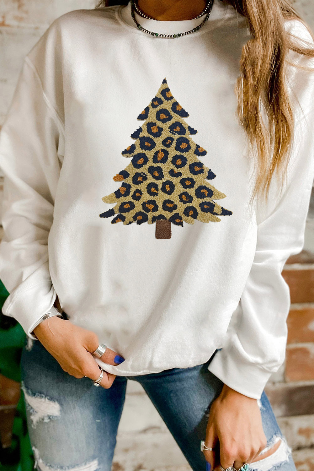 White Leopard Christmas Tree Terry Flocking Round Neck Sweatshirt