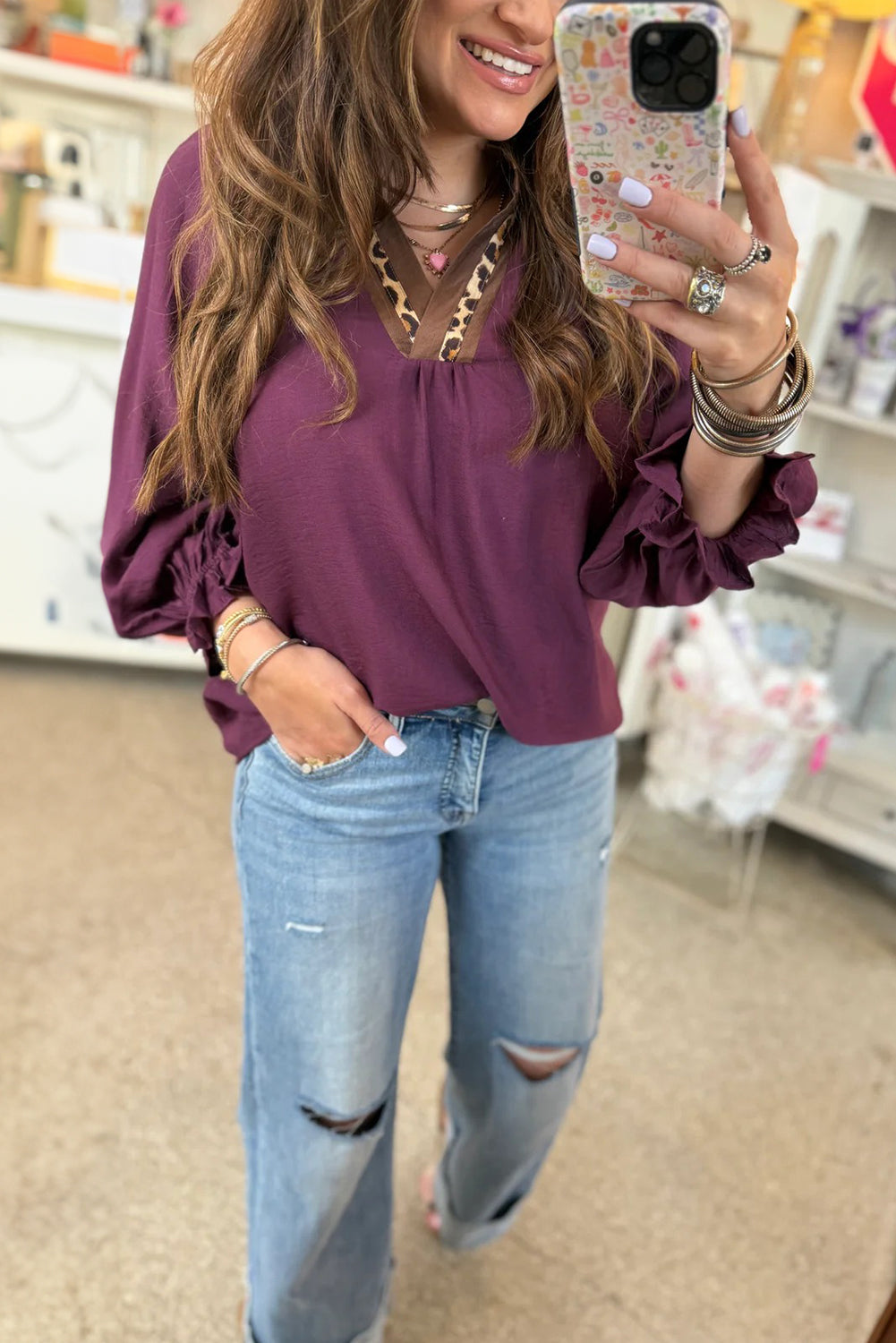 Dirty blue Leopard Trim V Neck Flounced Bracelet Sleeve Blouse