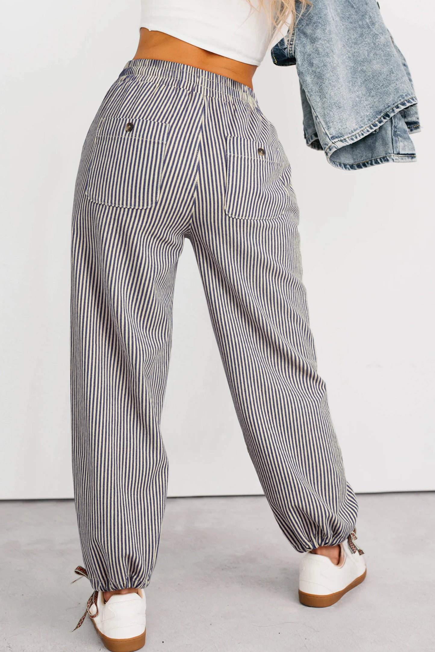 Khaki Stripe Button Patch Pocket Drawstring Elastic Waist Loose Pants