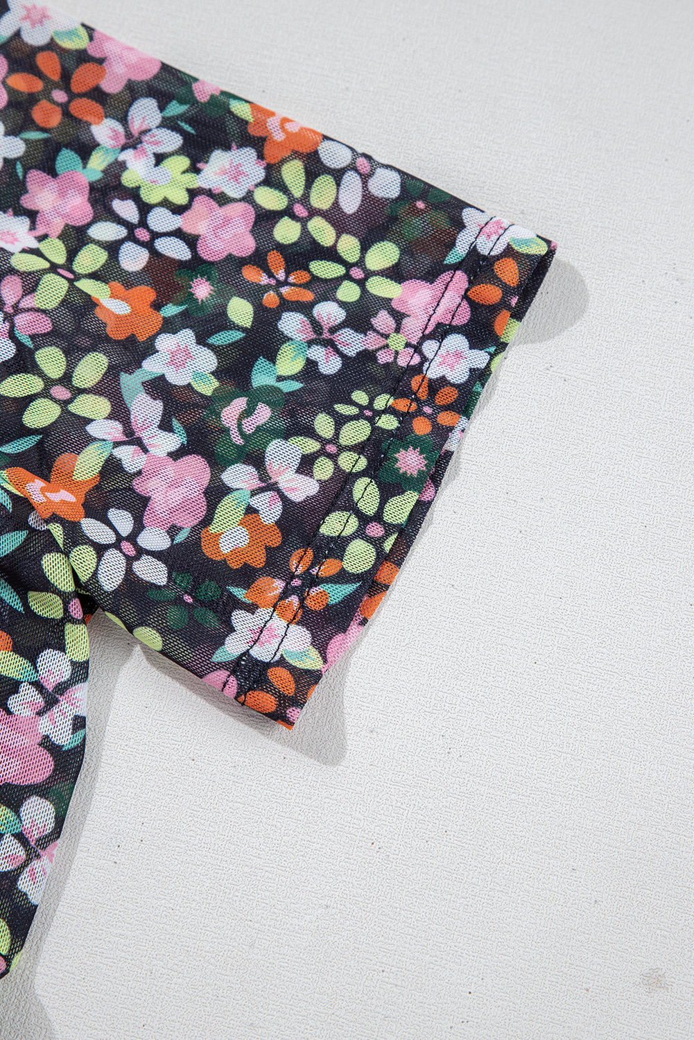 Black Sheer Mesh Floral Round Neck T Shirt with Camisole