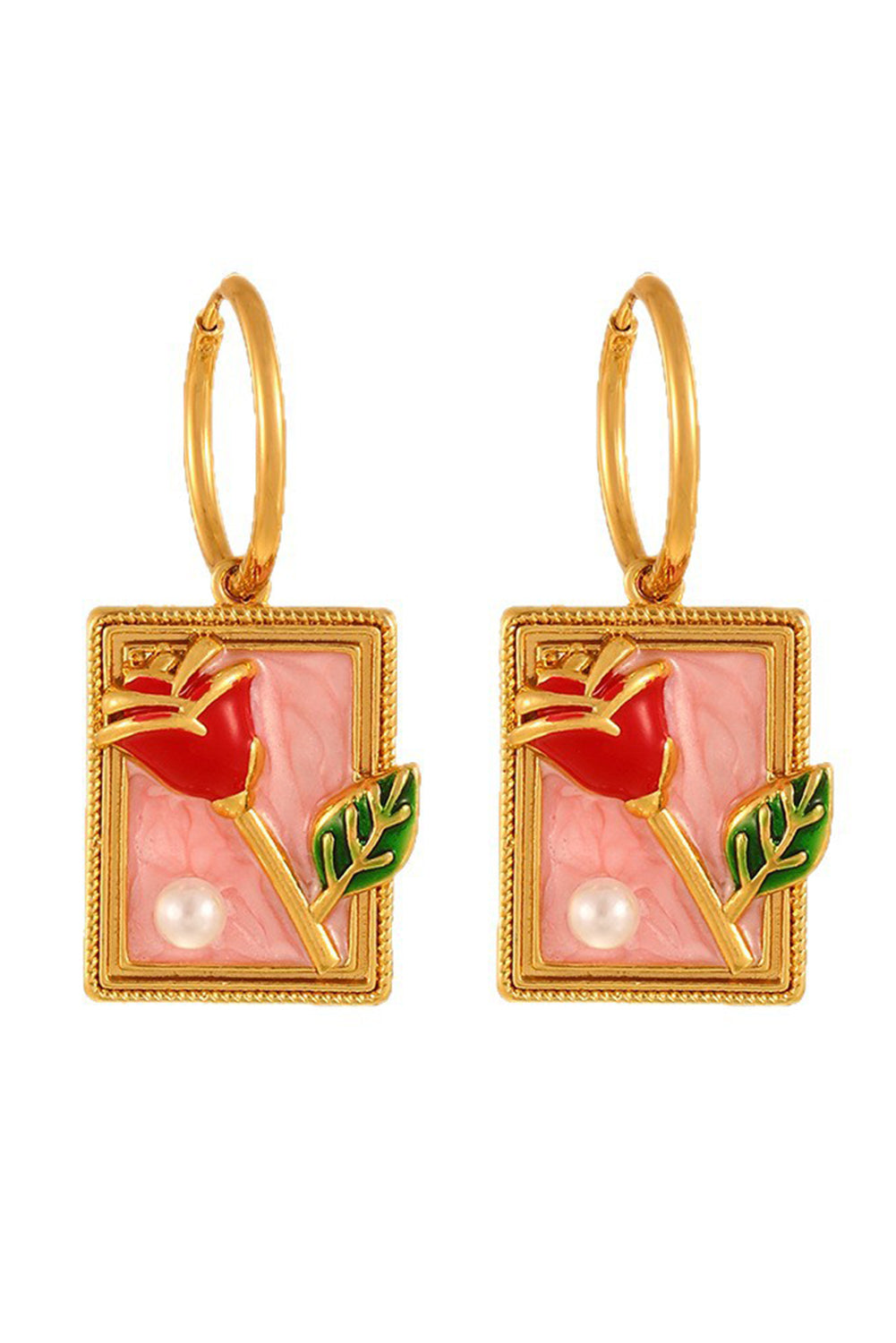 Gold Enamel Rose Pearl Rectangle Dangle Earrings