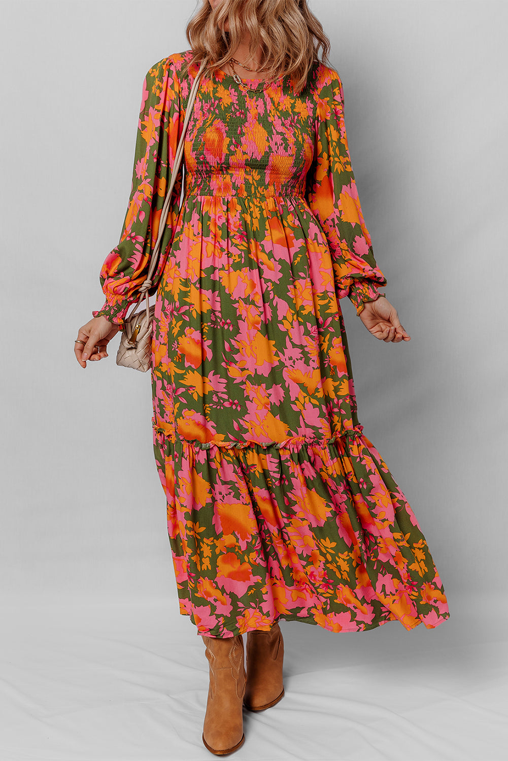 Orange Floral Puff Sleeve Smocked Bodice Frill Tiered Dress