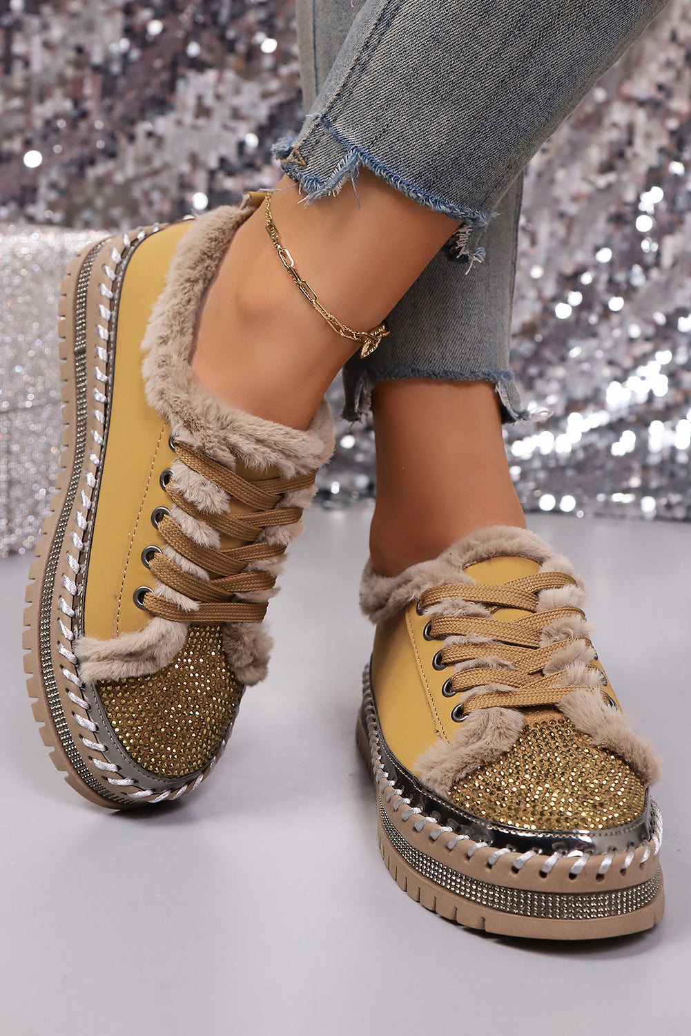 Thai Curry Fur Trimmed Patchwork Lace Up Platform Sneakers