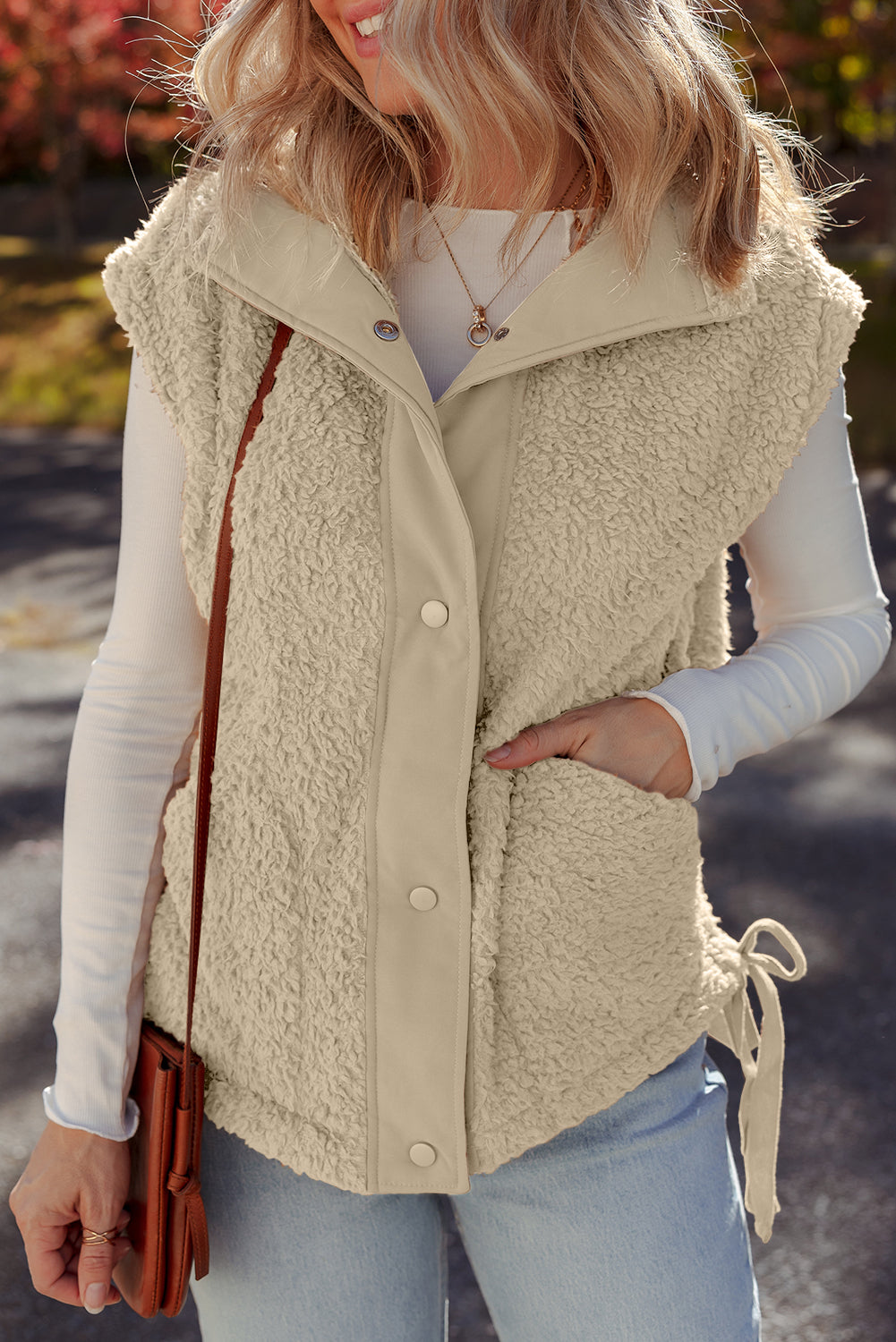 Cinnamon Faux Fur Snap Button Front Knot Side Plush Vest