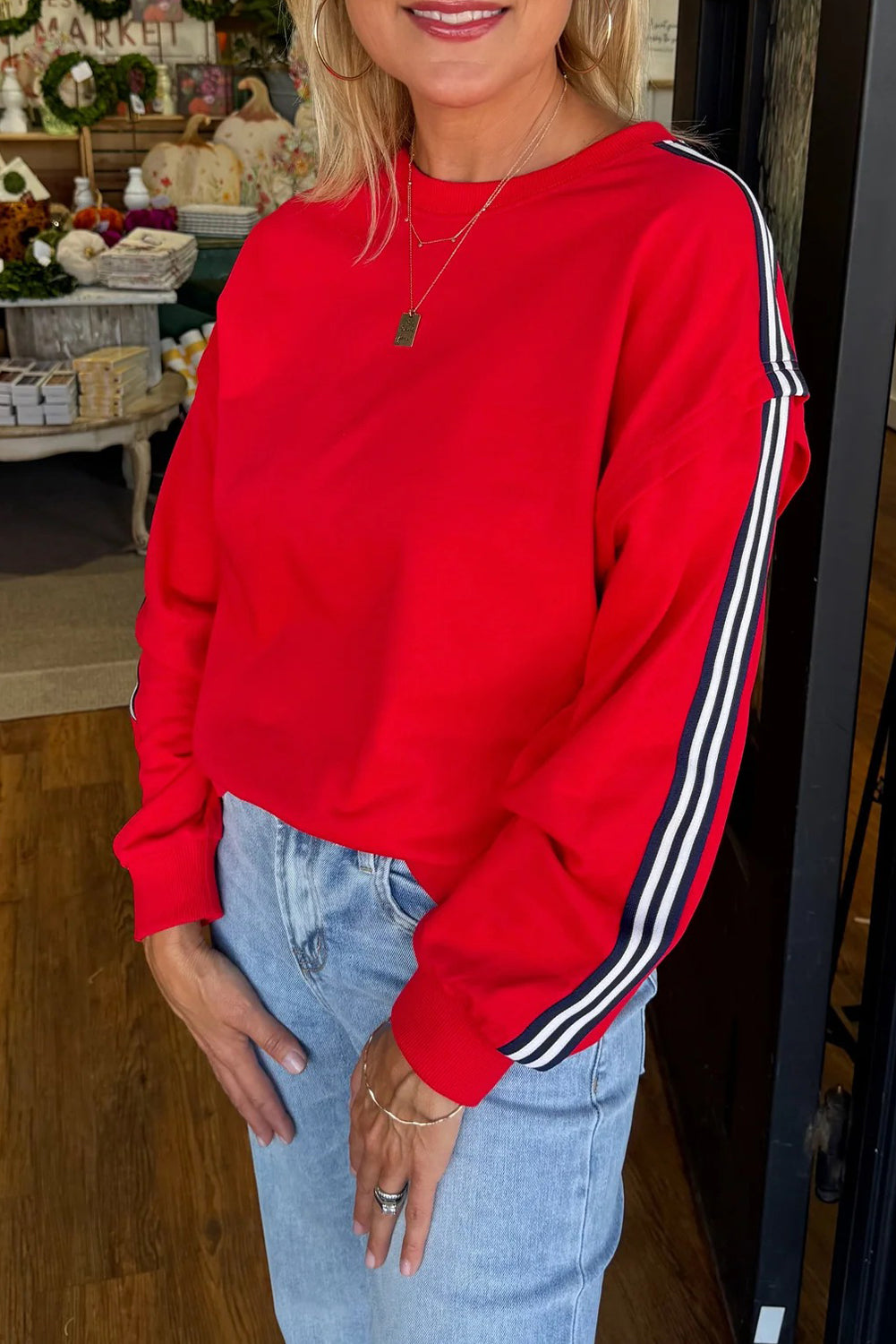 Fiery Red Side Striped Round Neck Sweatshirt