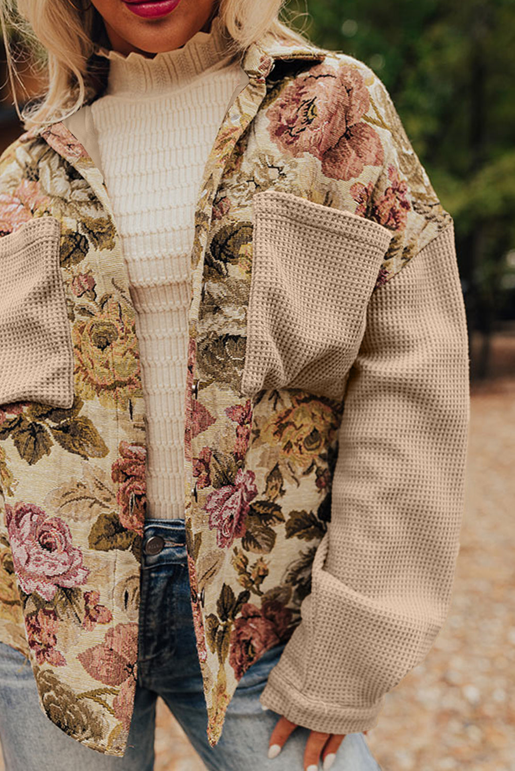 Khaki Floral Waffle Knit Patchwork Chest Pockets Buttoned Jacket