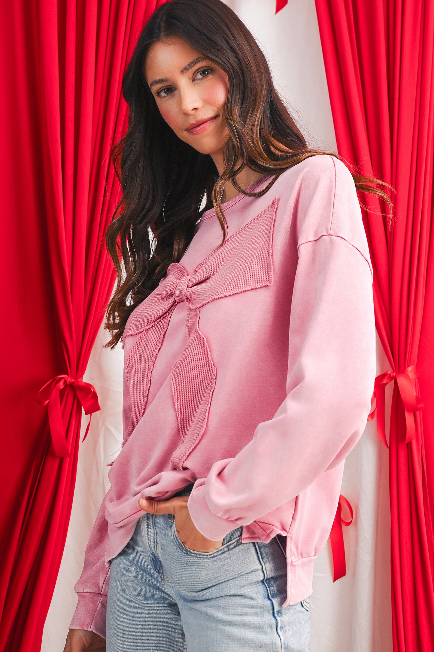 Orchid Bouquet Mineral Wash Waffle Bow Patched Pullover Sweatshirt