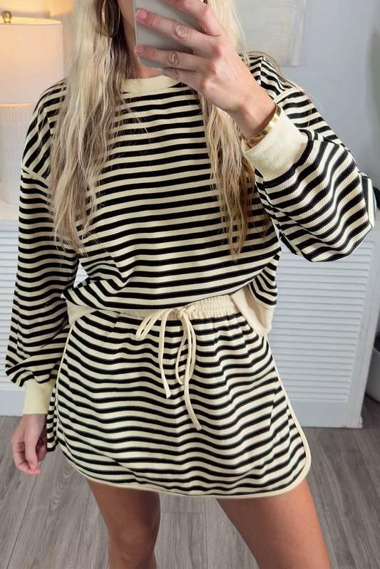 Black Stripe Textured Drop Shoulder Pullover Top Drawstring Mini Skort Two Piece Dress Set