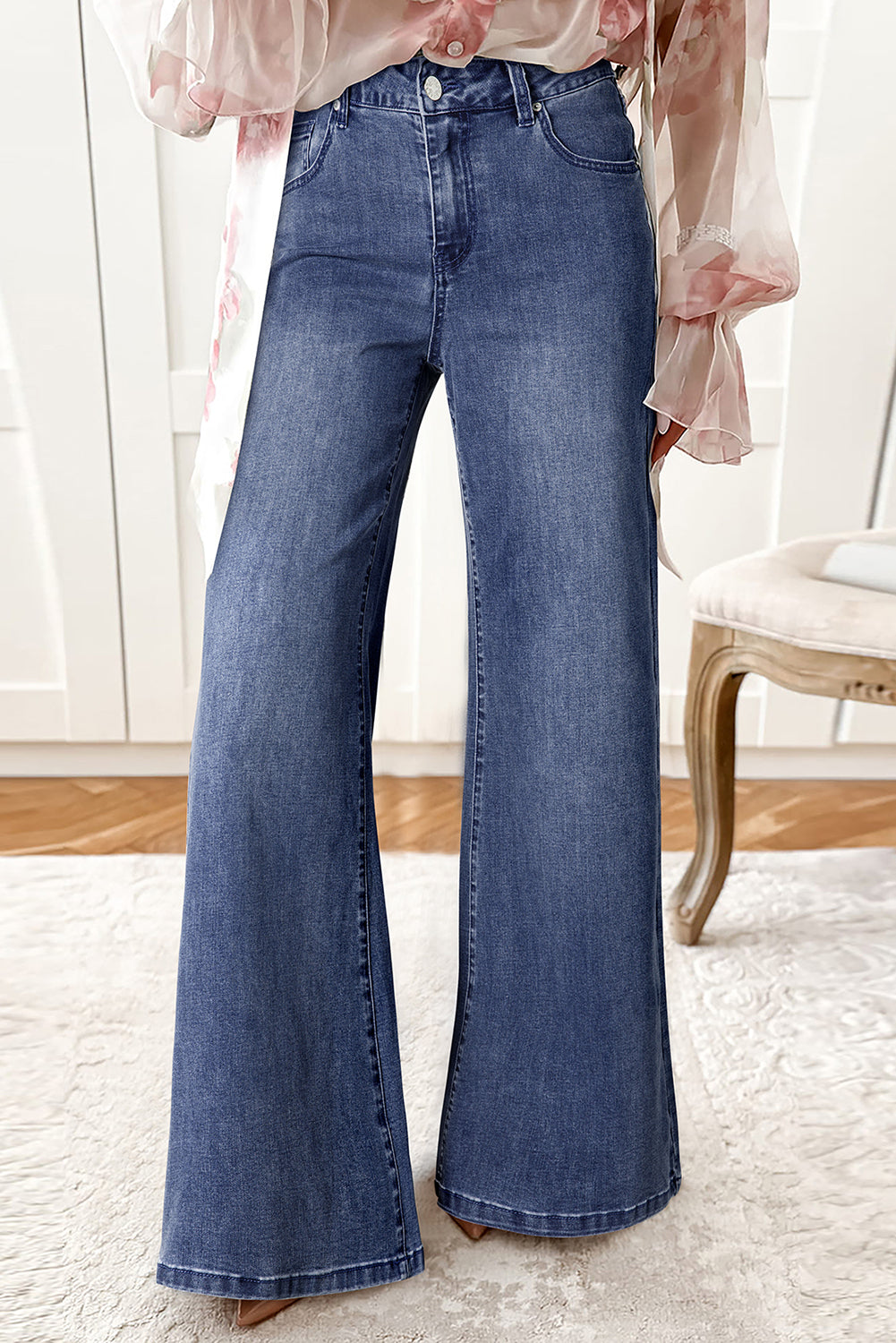 Beau Blue Button Zip High Waist Flared Hem Jeans