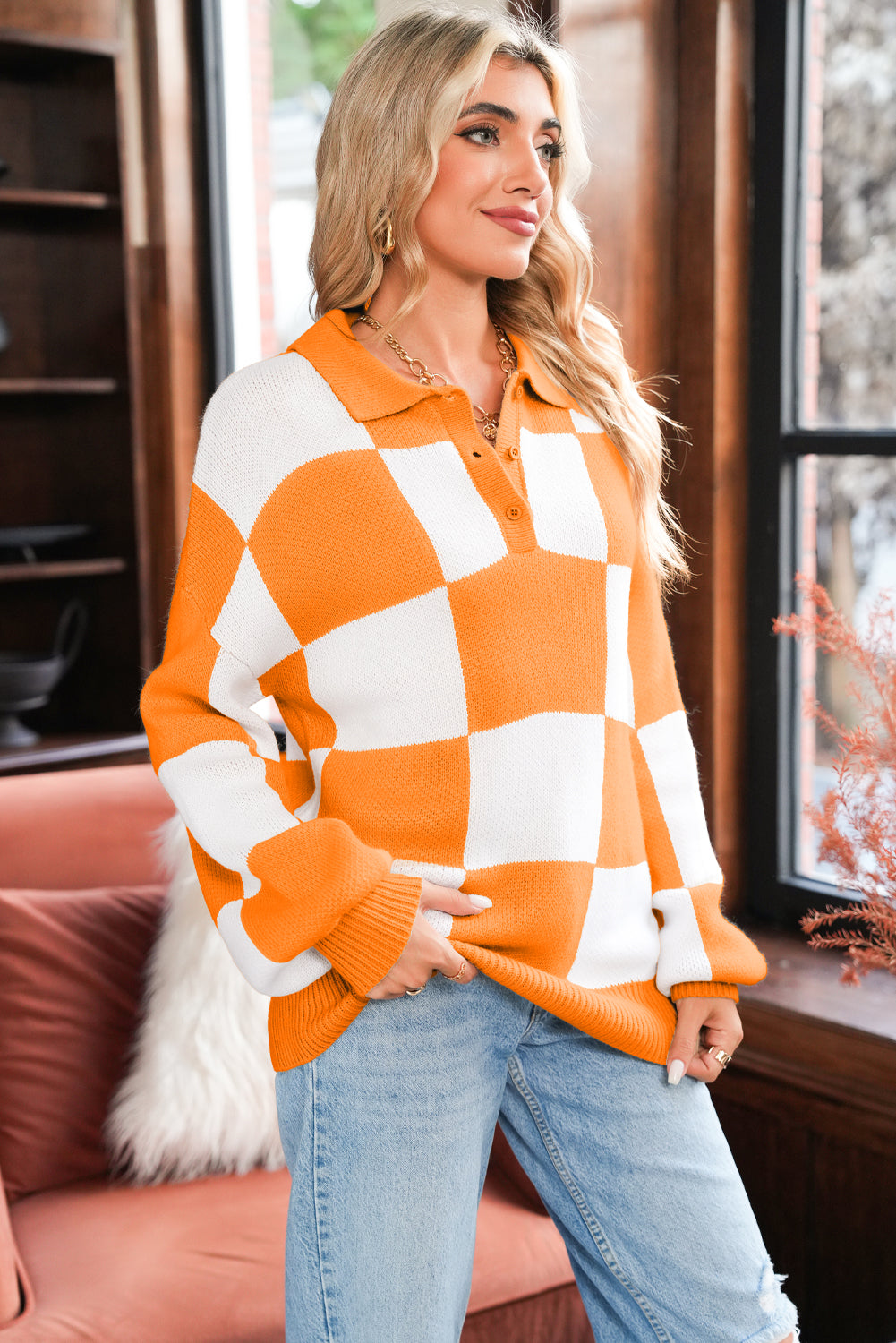 Mist Green Checkered V-Neck Collared Pullover Sweater