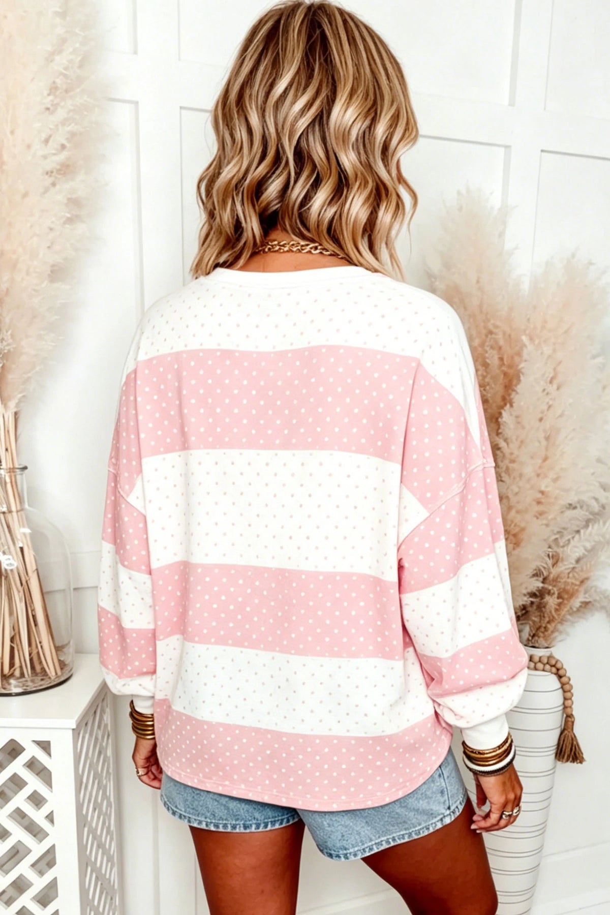Pre-Order Pink Polka Dot Patchwork Colorblock Long Sleeve Top