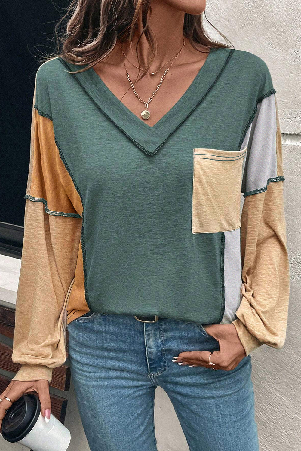 Green Exposed Stitching Colorblock V Neck Long Sleeve Top