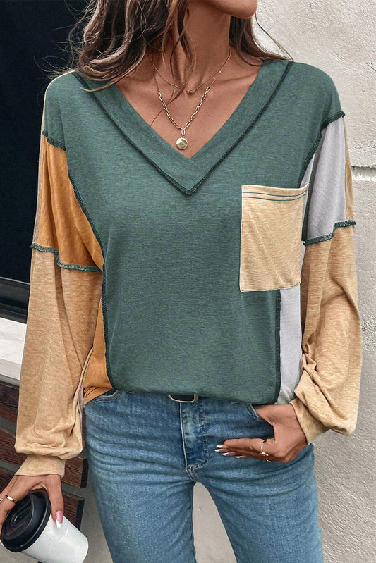 Green Exposed Stitching Colorblock V Neck Long Sleeve Top