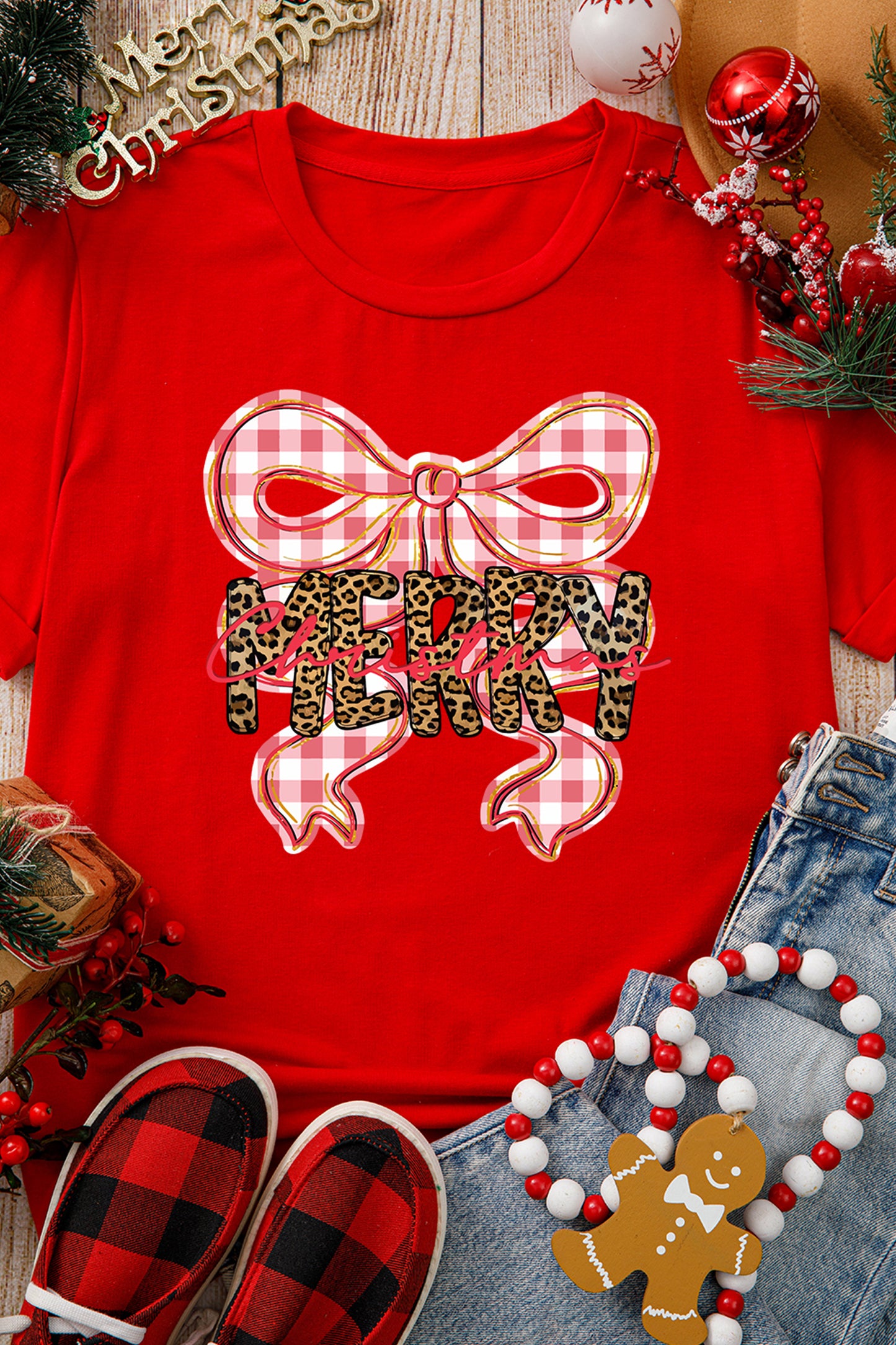 Red Leopard Merry Christmas Plaid Bow Graphic Holiday T Shirt