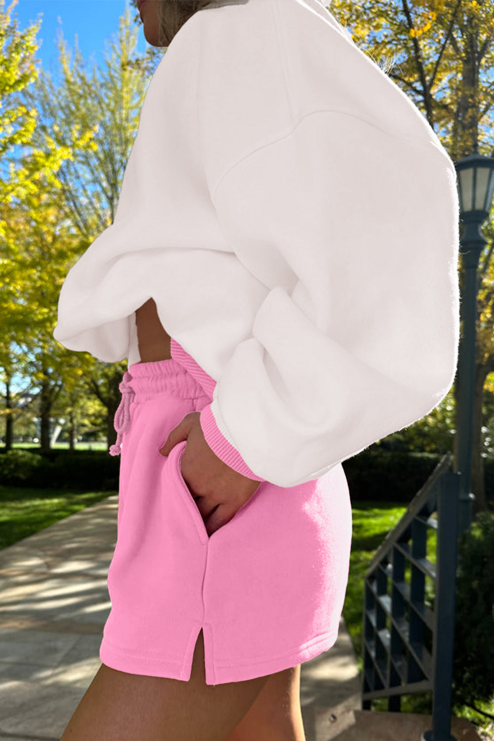 Strawberry Pink Colorblock Pullover and Drawstring Shorts Set