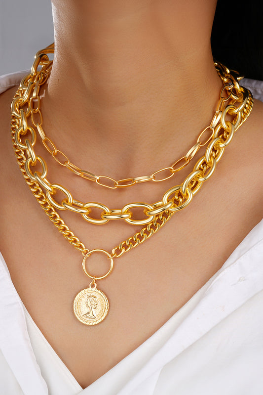 Gold 3pcs Coin Pendant Chain Alloy Necklace Set