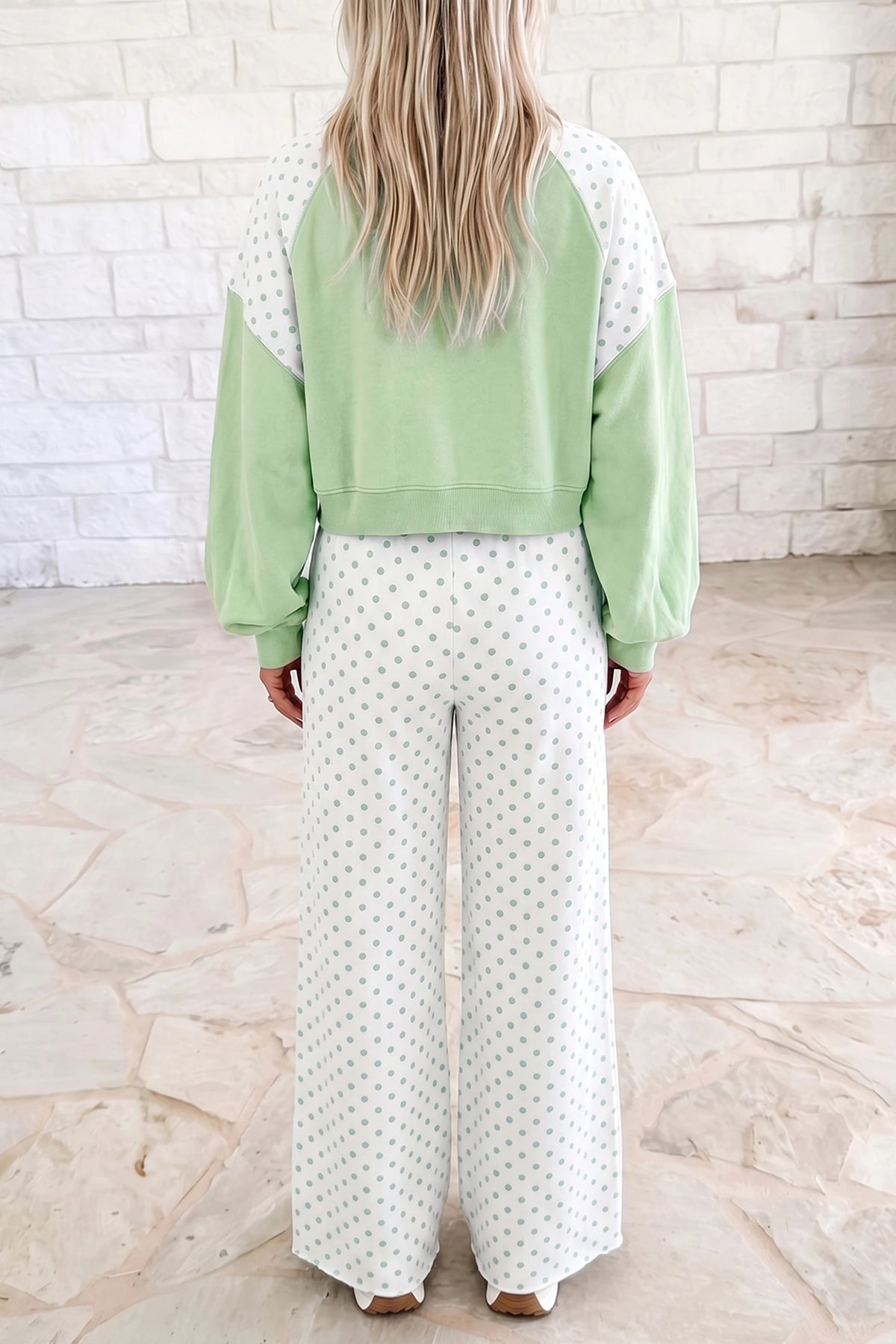Pre-Order Green Polka Dot Patchwork Colorblock Long Sleeve Casual Two Piece Pants Set