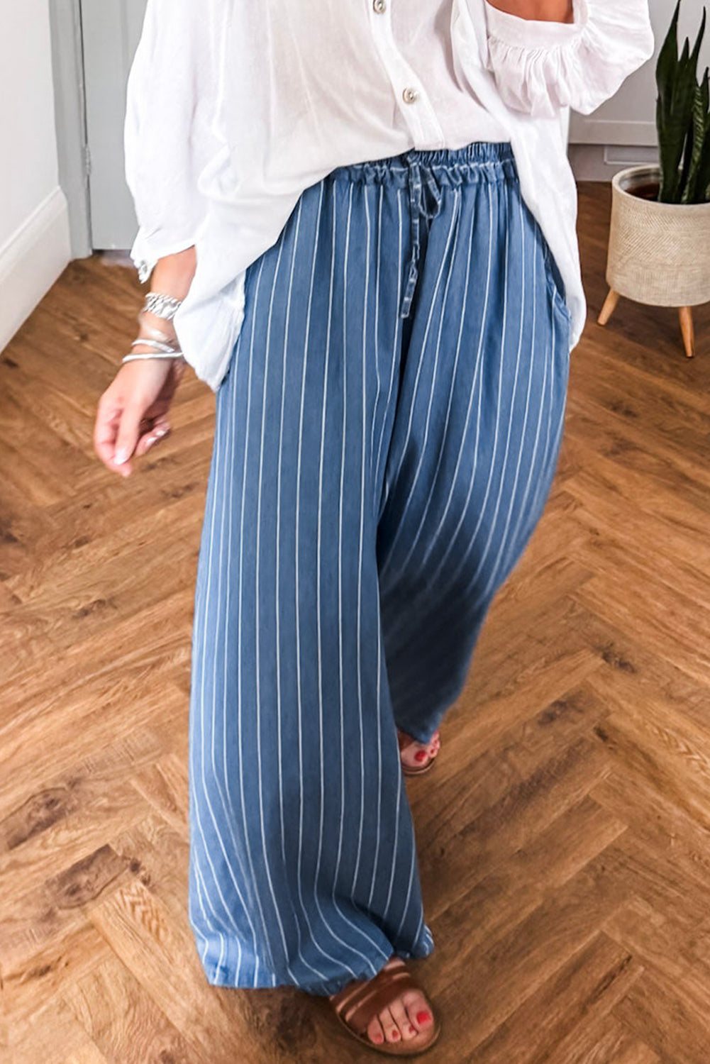 Sky Blue Stripe Chambray Wide Leg Tied Elastic Waist Trousers