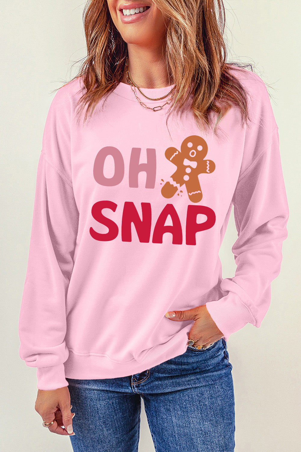 Pink Christmas OH SNAP Gingerbread Man Heat Transfer Printing Graphic Sweatshirt