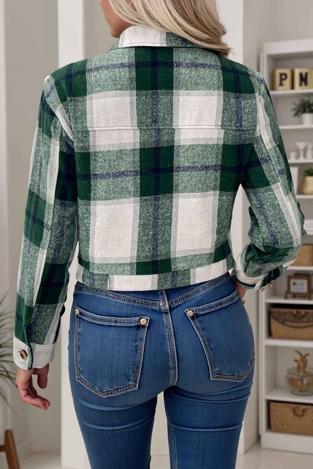 Green Plaid Flap Pocket Cropped Shacket