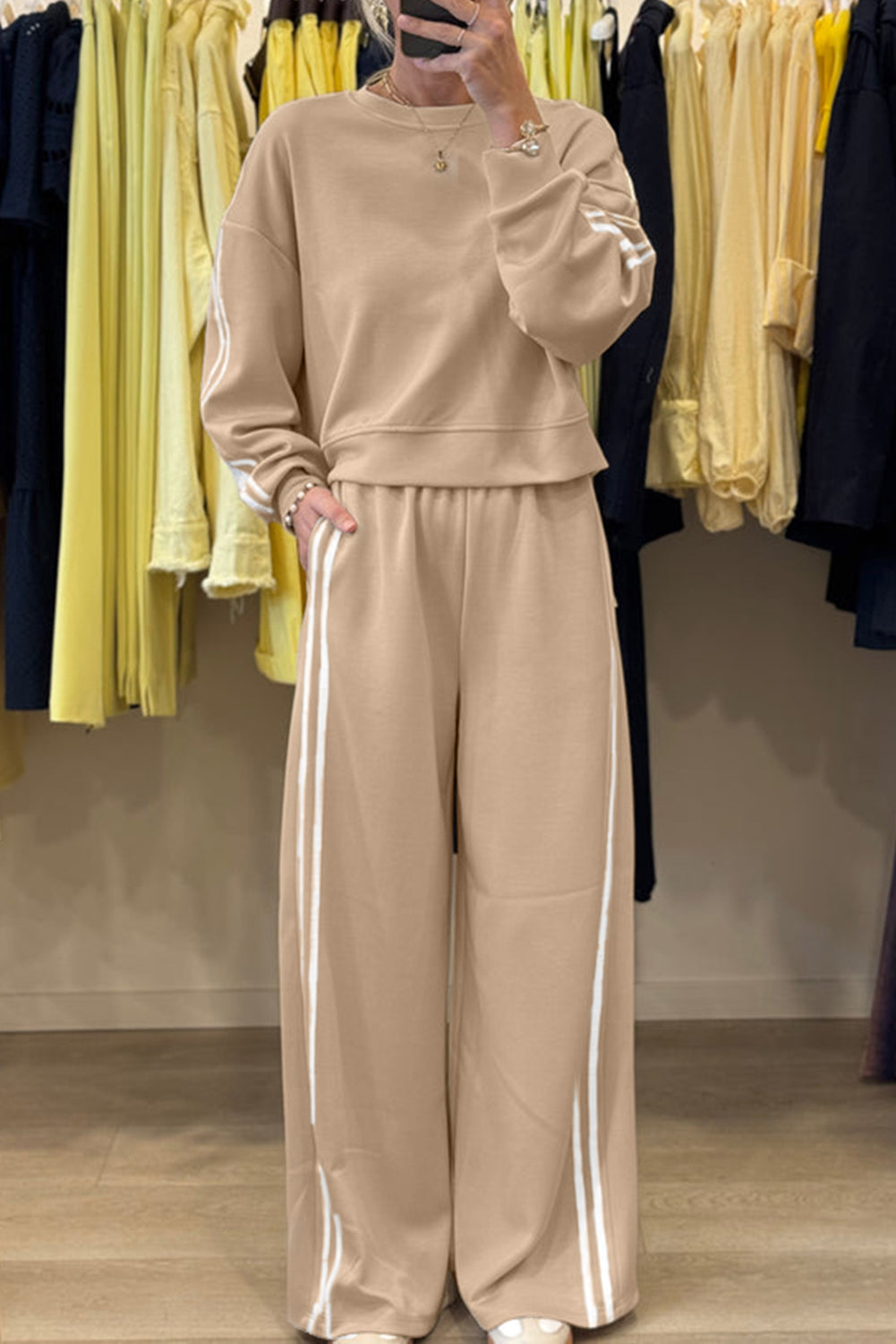 Fiery Red Varsity Striped Detail Cropped Pullover Wide Leg Pants 2pcs Outfit