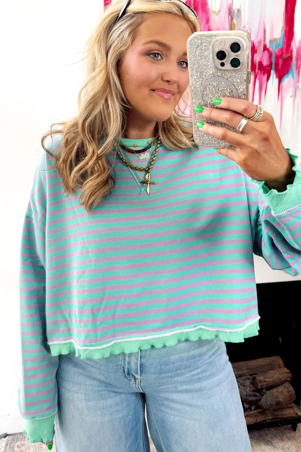 Green Stripe Exposed Seam Contrast Ribbed Trim Oversize Sweatshirt