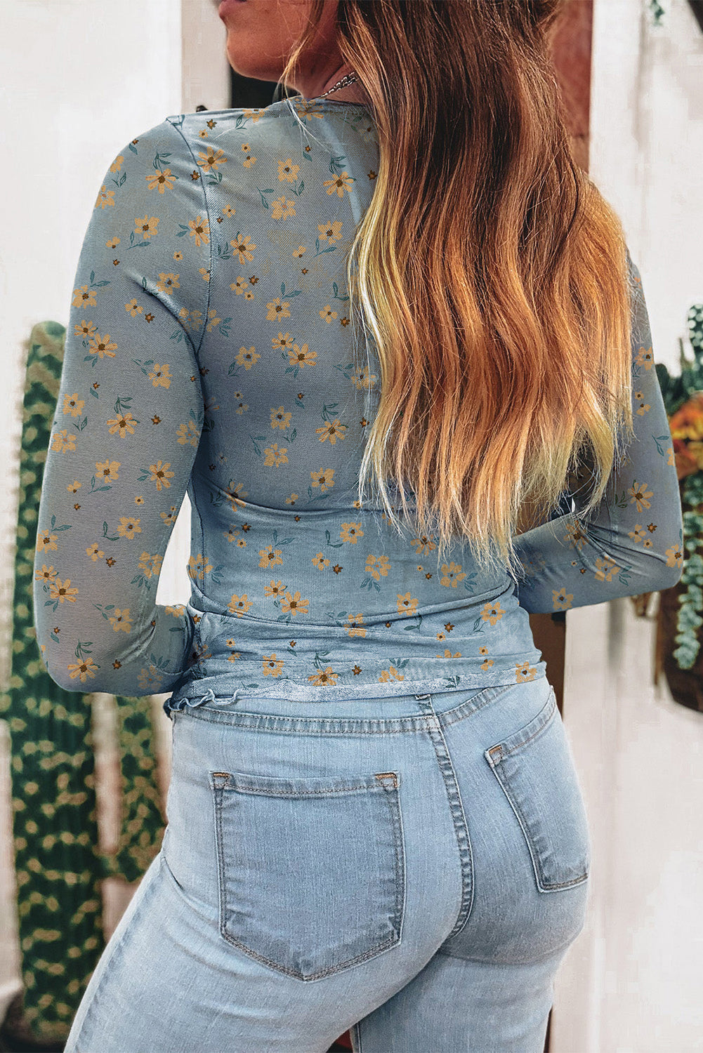 Laurel Green Floral Print Mesh Slim Fit Long Sleeve Top