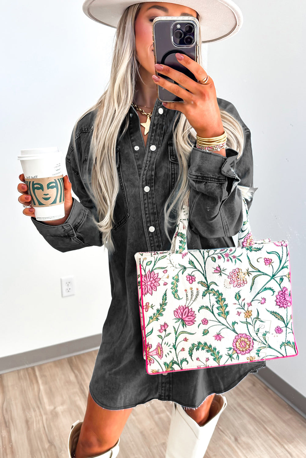 Medium Grey Chest Pocket Raw Hem Denim Loose Shirt Dress