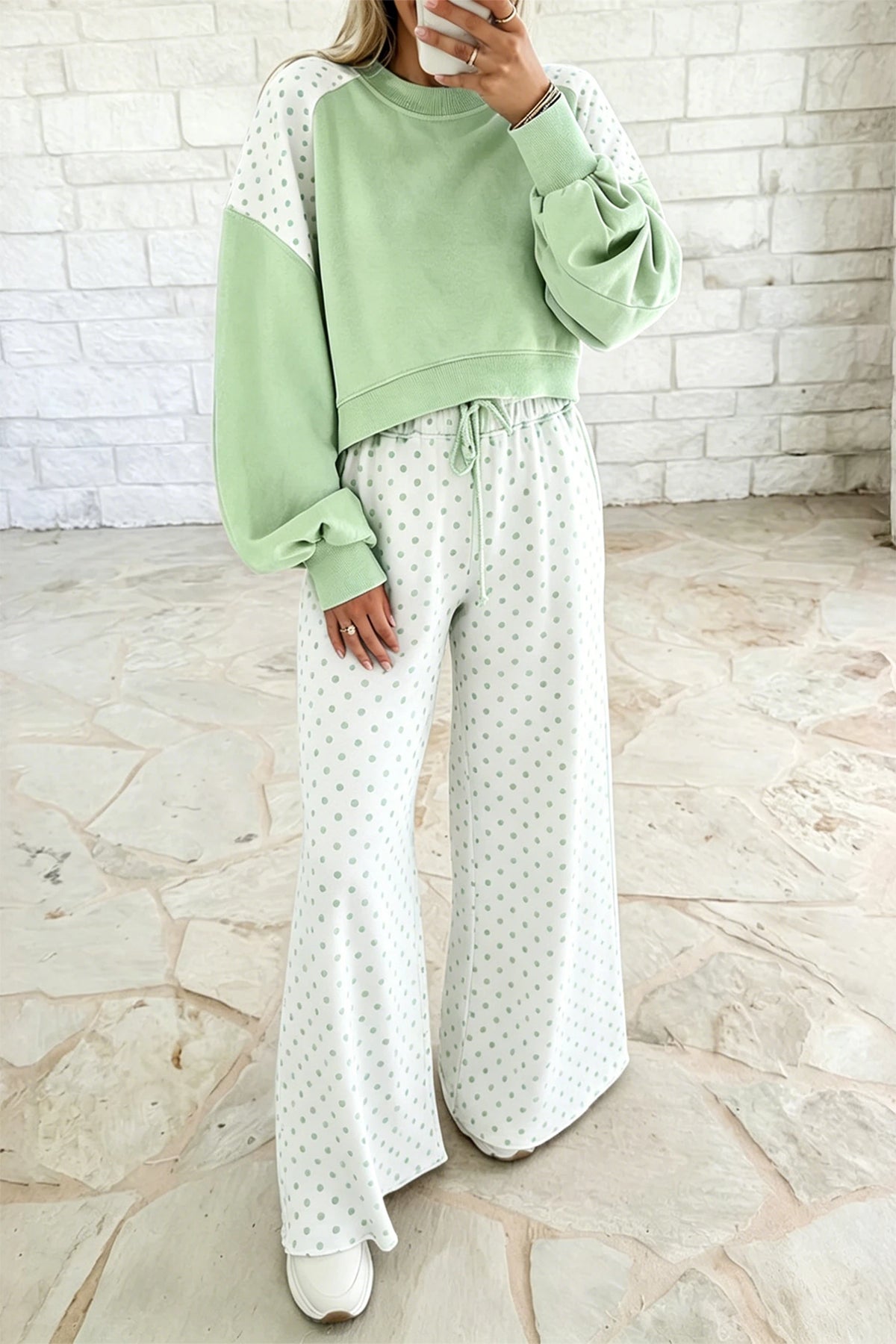 Pre-Order Green Polka Dot Patchwork Colorblock Long Sleeve Casual Two Piece Pants Set
