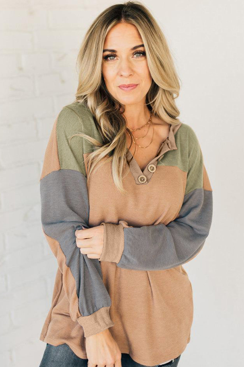 Buckskin Colorblock Thermal Waffle Knit Drop Shoulder Henley Top