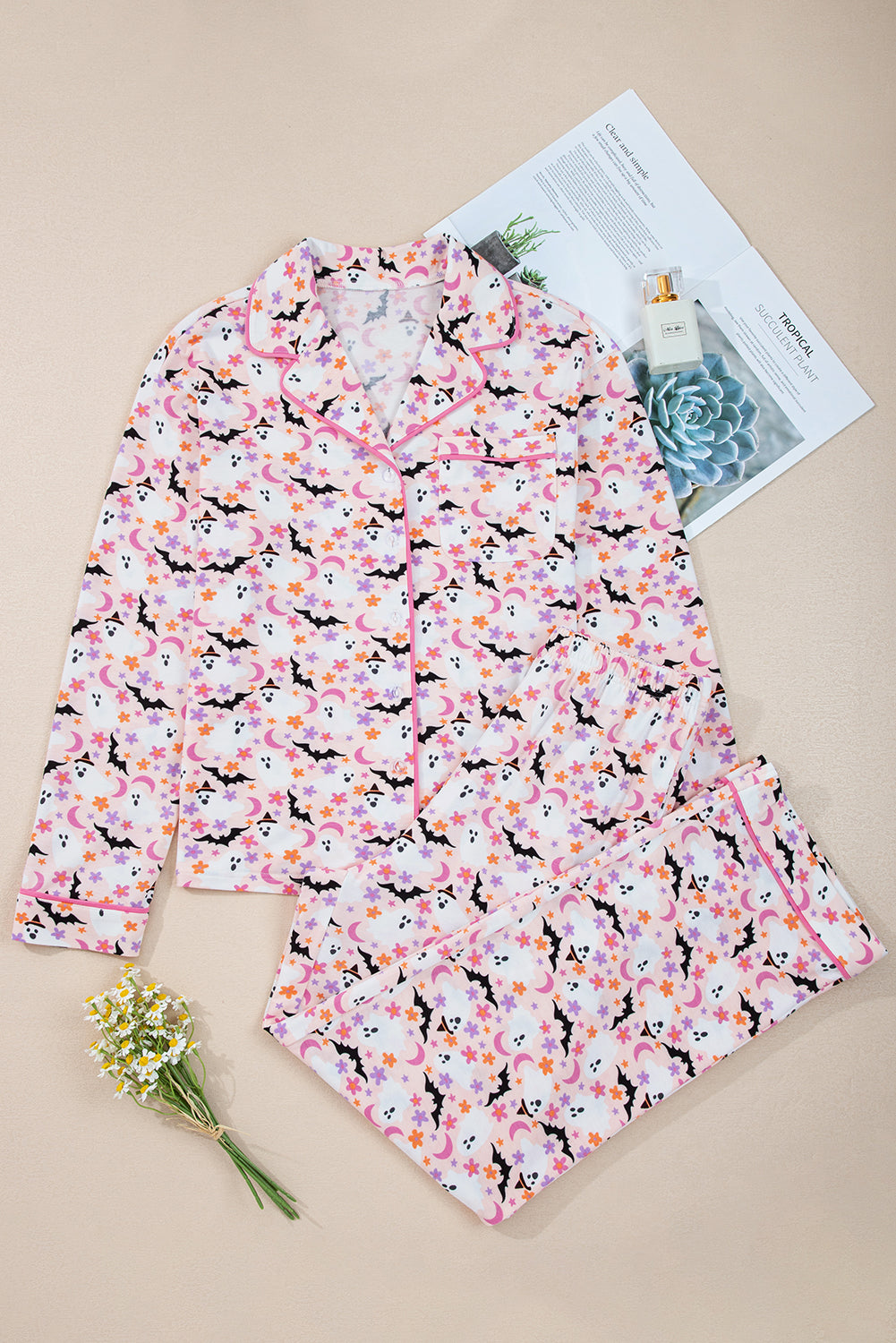 Pink Cute Floral Halloween Ghost Print Long Pajama Set