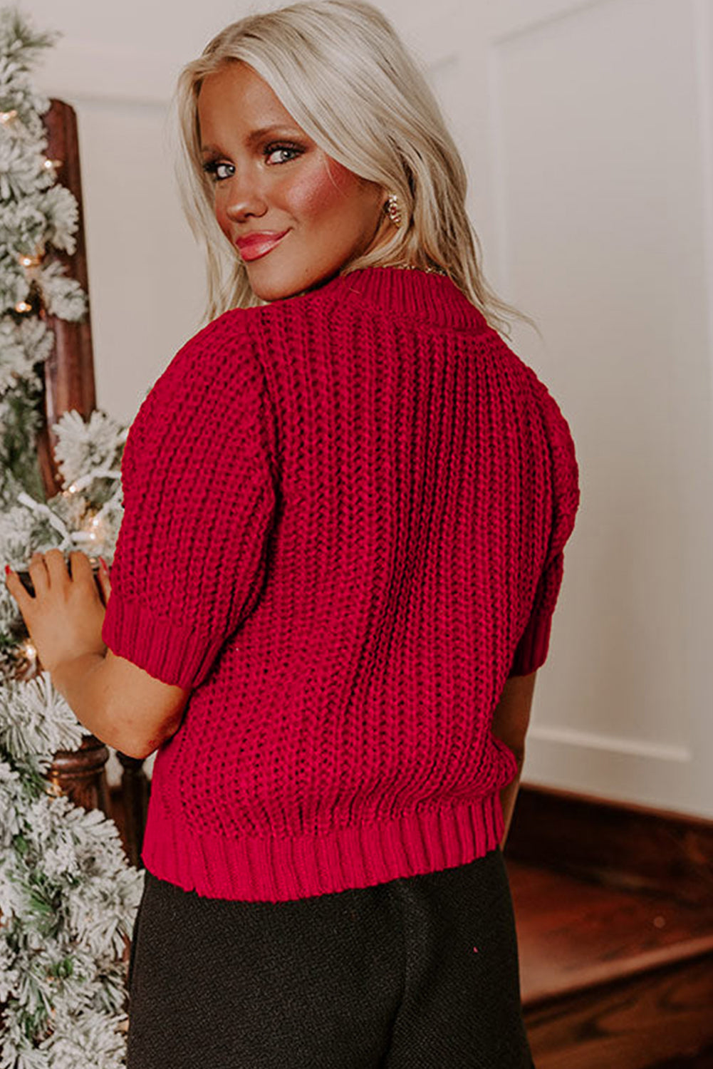 Black Plaid Lace-up Detail Christmas Holiday Puff Short Sleeve Sweater