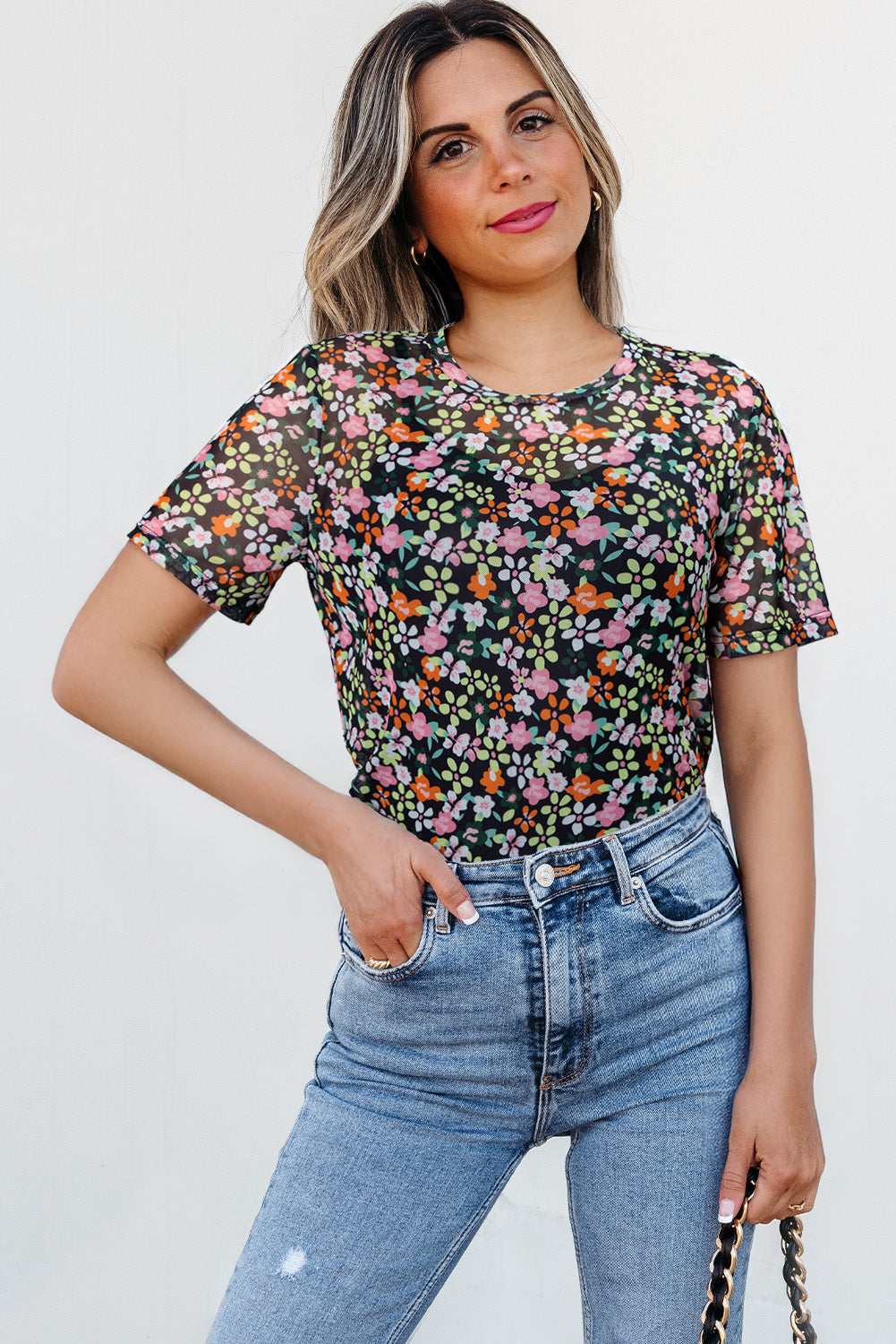 Black Sheer Mesh Floral Round Neck T Shirt with Camisole