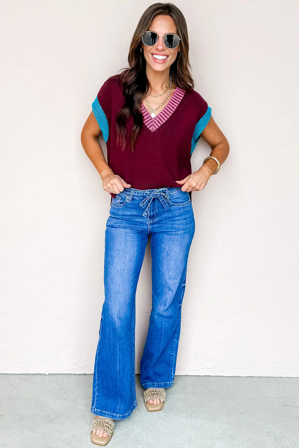 Burgundy Contrast Trim V Neck Cuffed Short Sleeve Loose Sweater