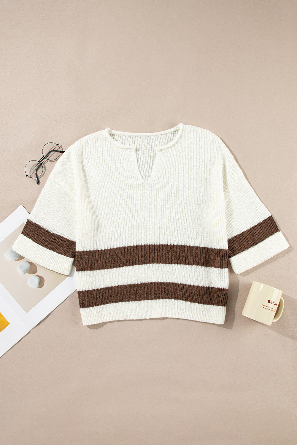 Brown Stripe Cropped Drop Sleeve Sweater