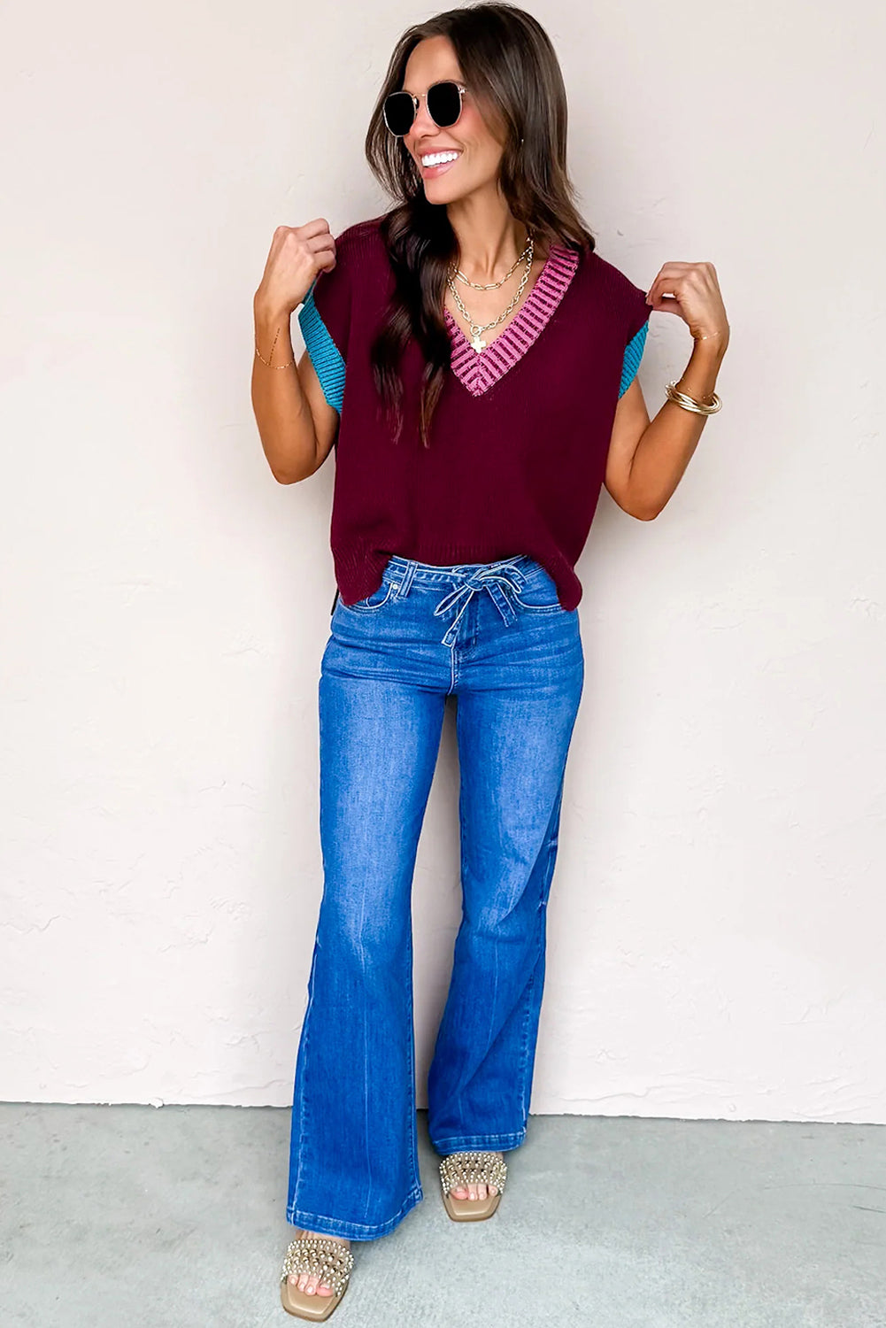 Burgundy Contrast Trim V Neck Cuffed Short Sleeve Loose Sweater