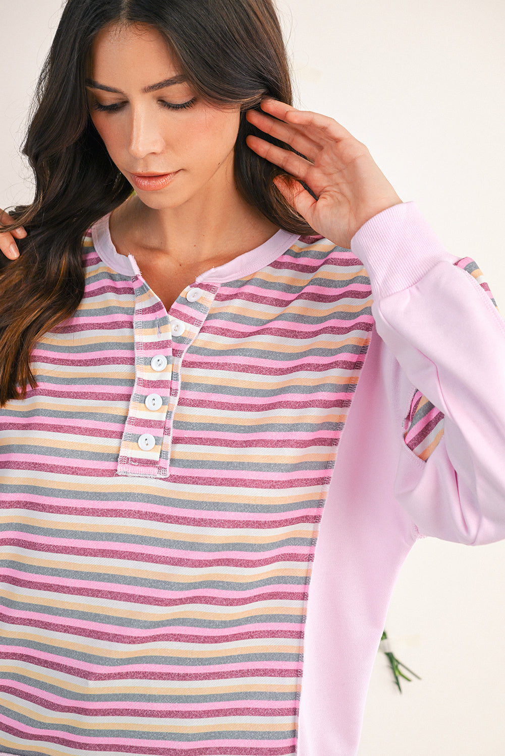 Pink Striped Patchwork Button V Neck Pullover Sweatshirt