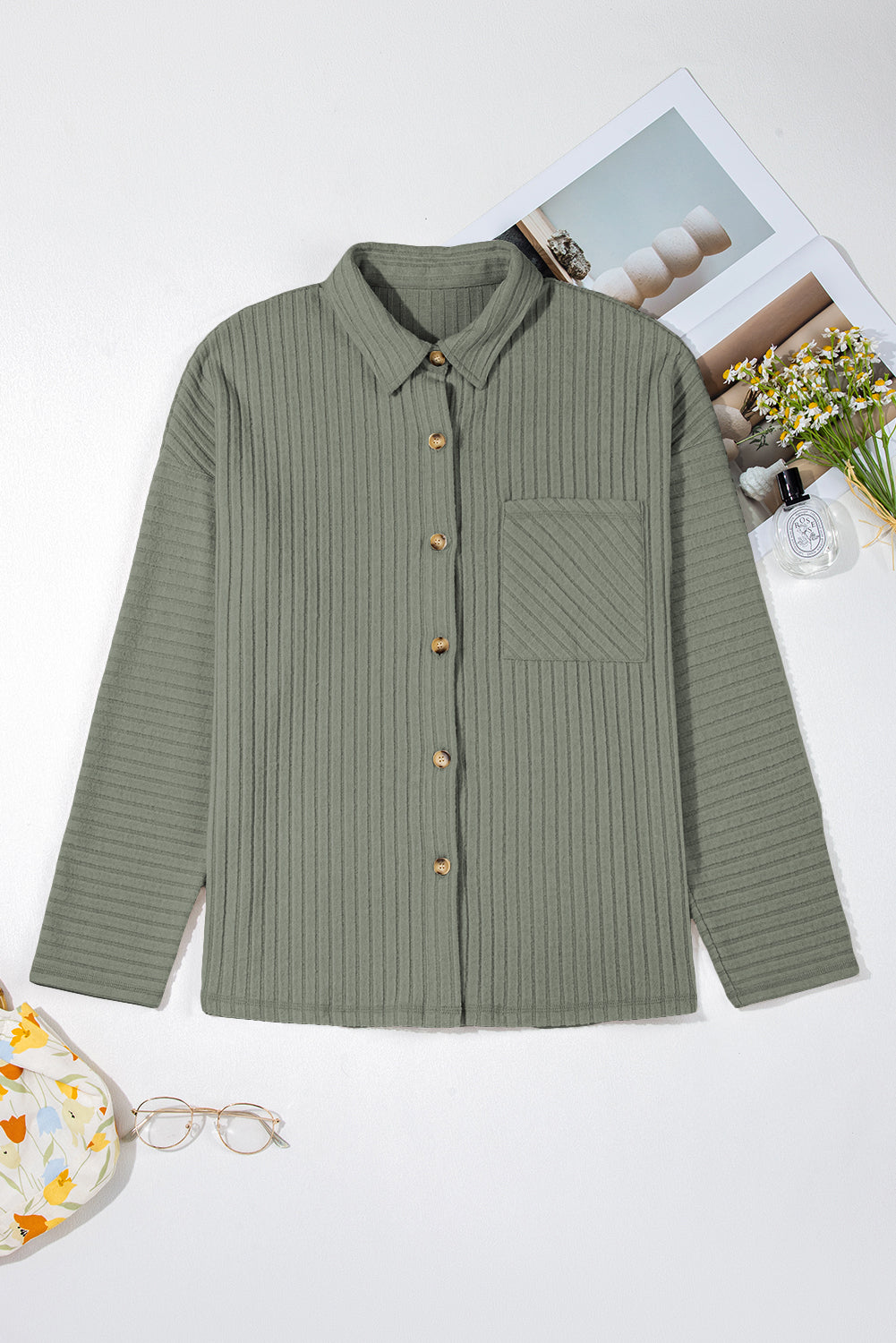Mist Green Thermal Ribbed Texture Drop Shoulder Button Up Shirt