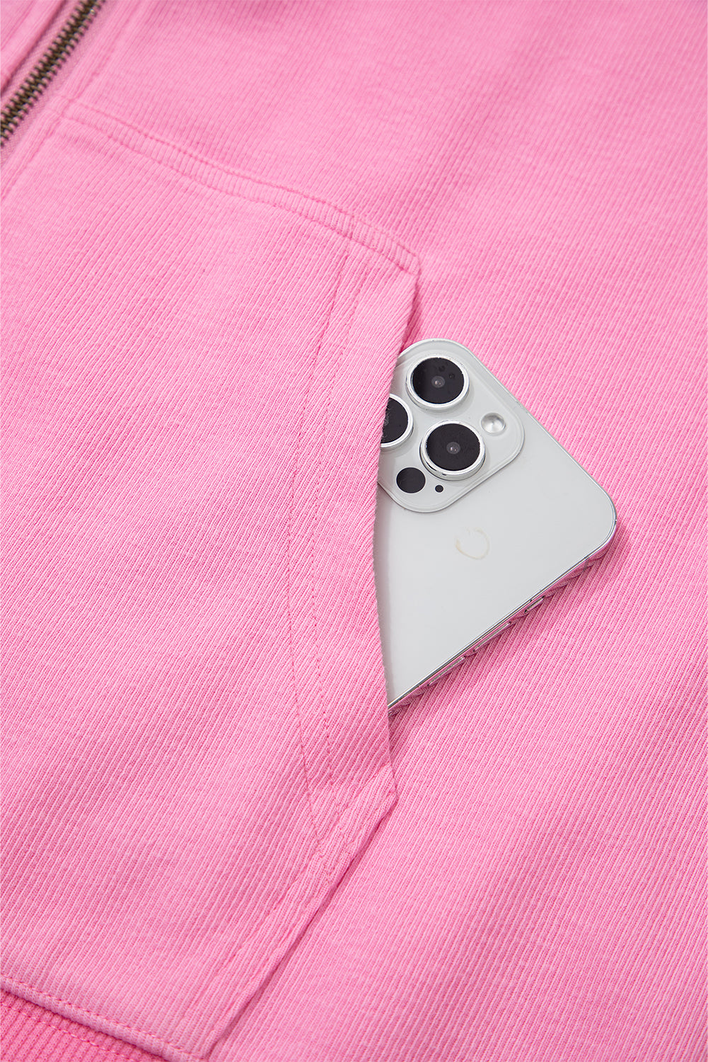 Sachet Pink Corduroy Zip Up Hooded Casual Jacket