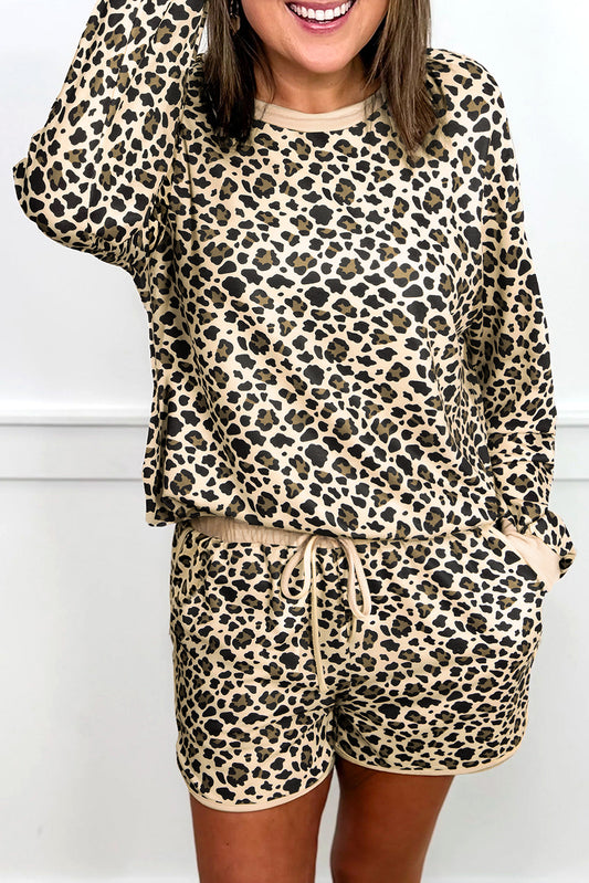 Brown Leopard Print Contrast Trim Two Piece Shorts Set