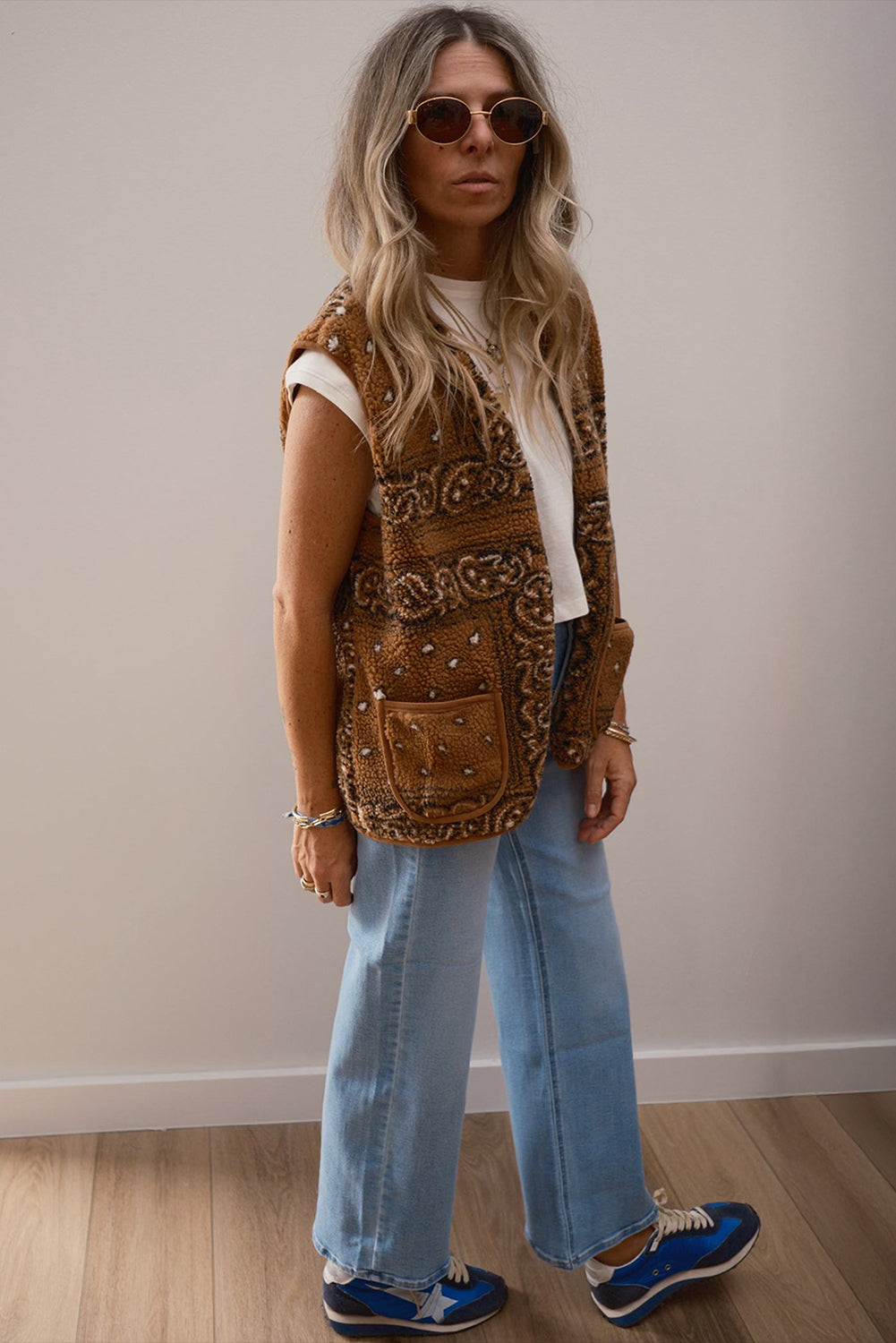 Beige Sherpa Paisley Print Pocketed Fashion Vest Jacket