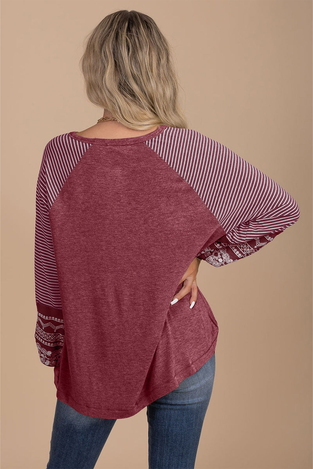Mineral Red Contrast Print Striped Raglan Long Sleeve Loose Top