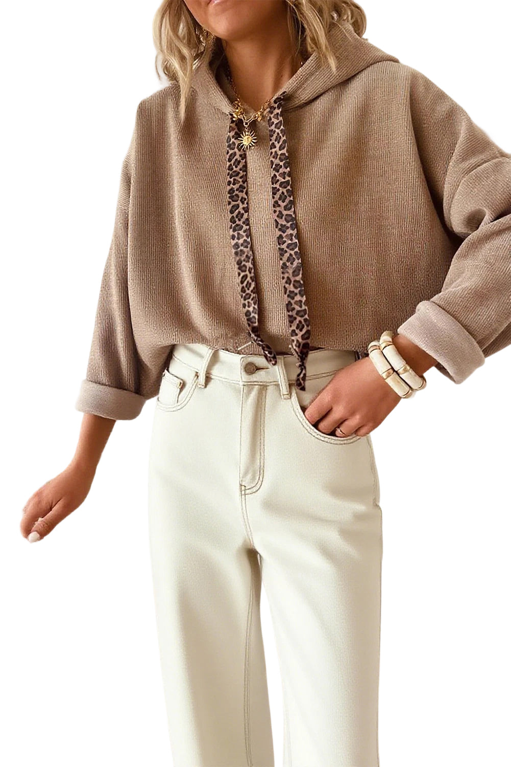 Parchment Thermal Textured Leopard Drawstring Baggy Hoodie