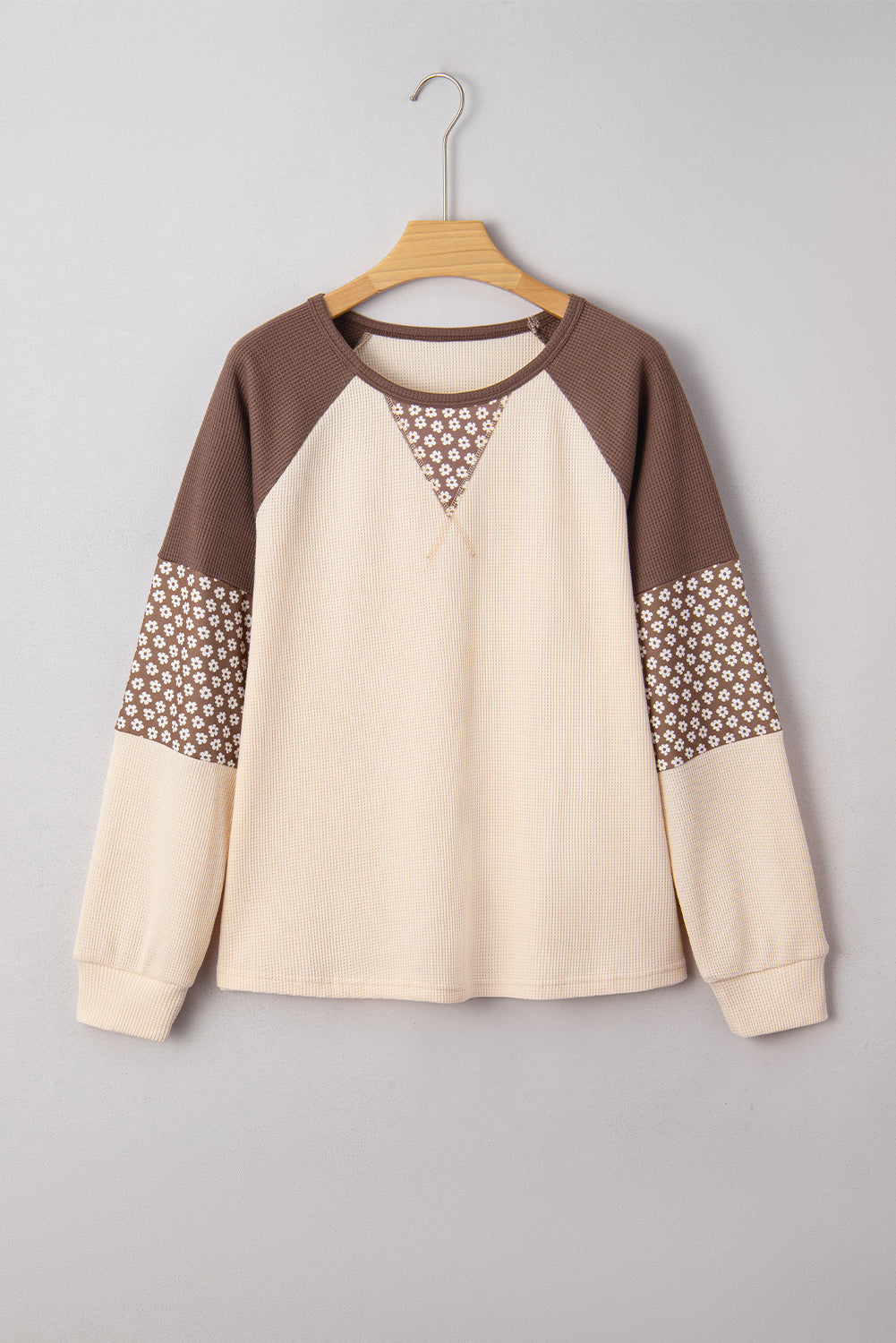 Brown Floral Print Patchwork Colorblock Long Sleeve Top