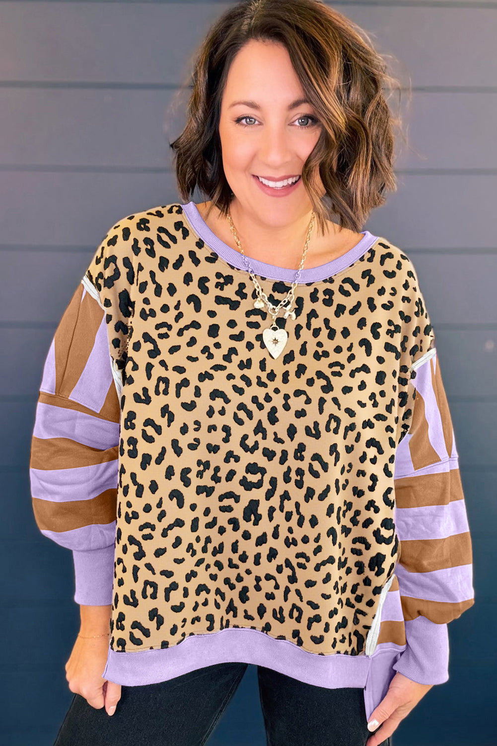 Khaki Leopard Striped Patchwork Plus Size Loose Sweatshirt