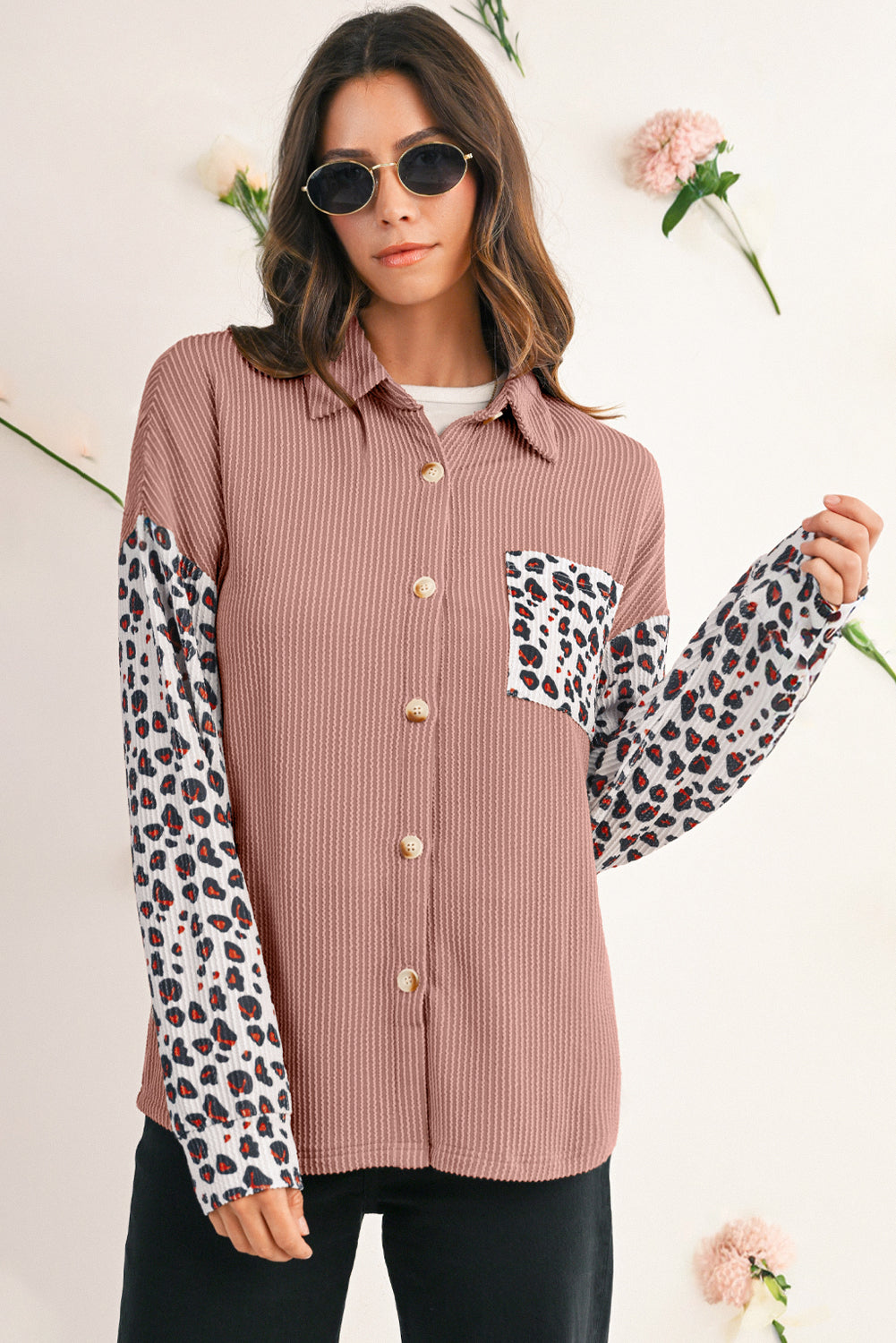 Dark Khaki Leopard Patchwork Twisted Ribbed Casual Shacket