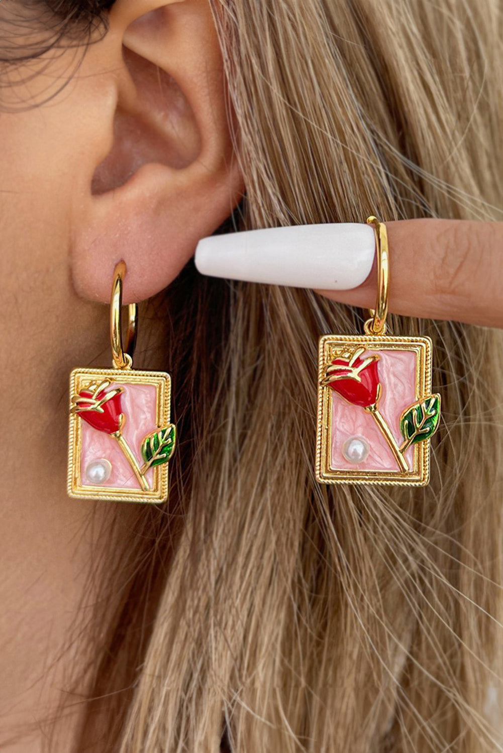Gold Enamel Rose Pearl Rectangle Dangle Earrings