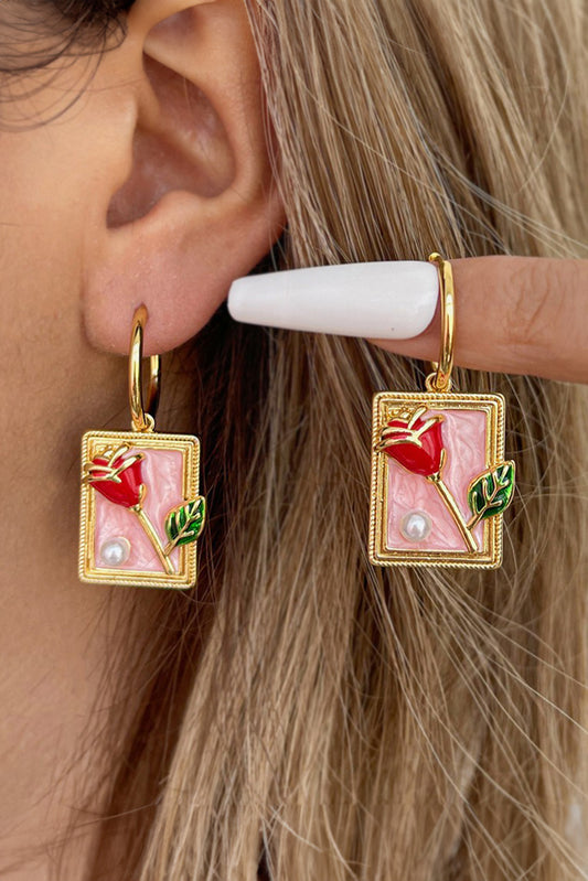 Gold Enamel Rose Pearl Rectangle Dangle Earrings