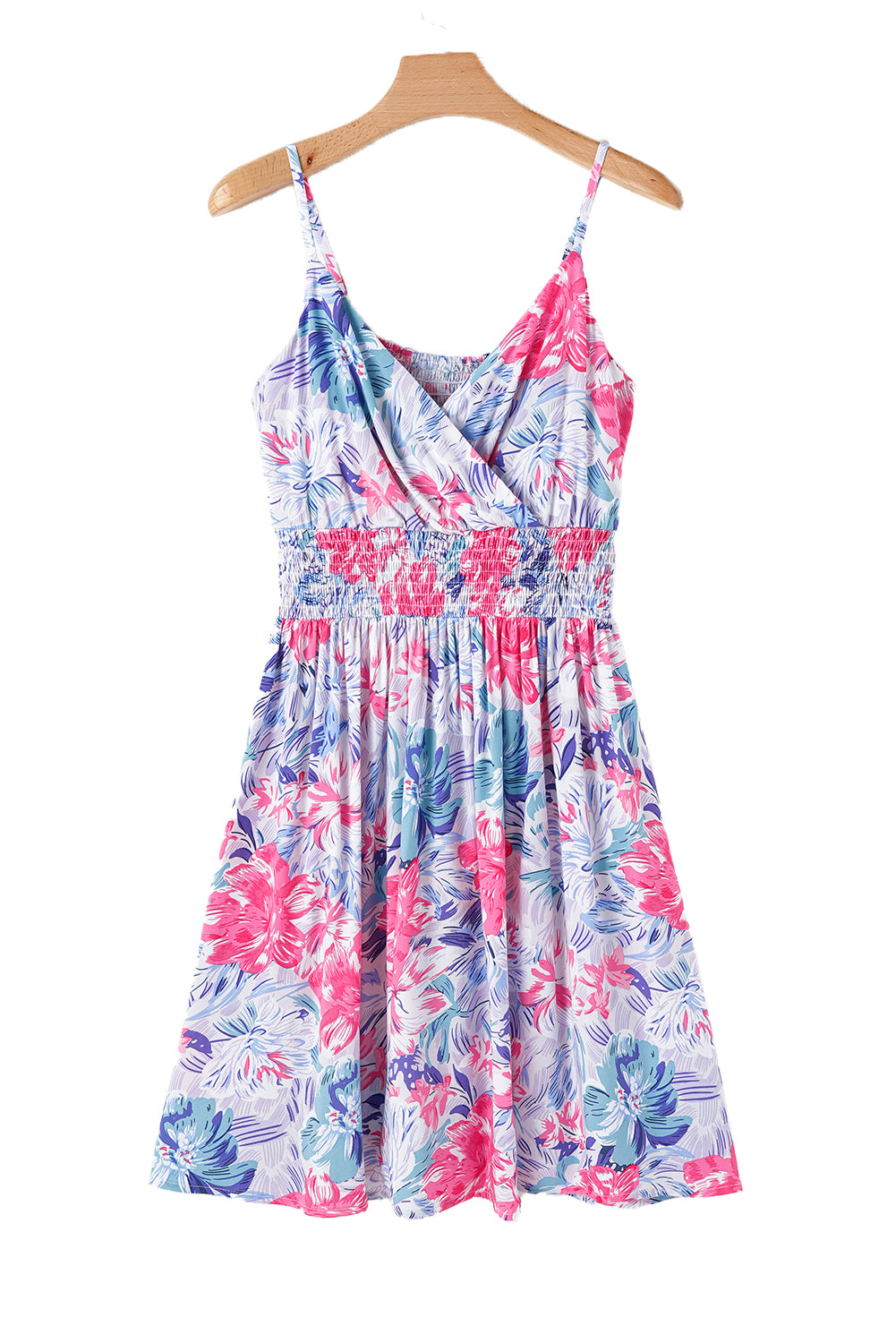 Sky Blue Floral Spaghetti Strap Surplice Neck Shirred Waist Mini Dress